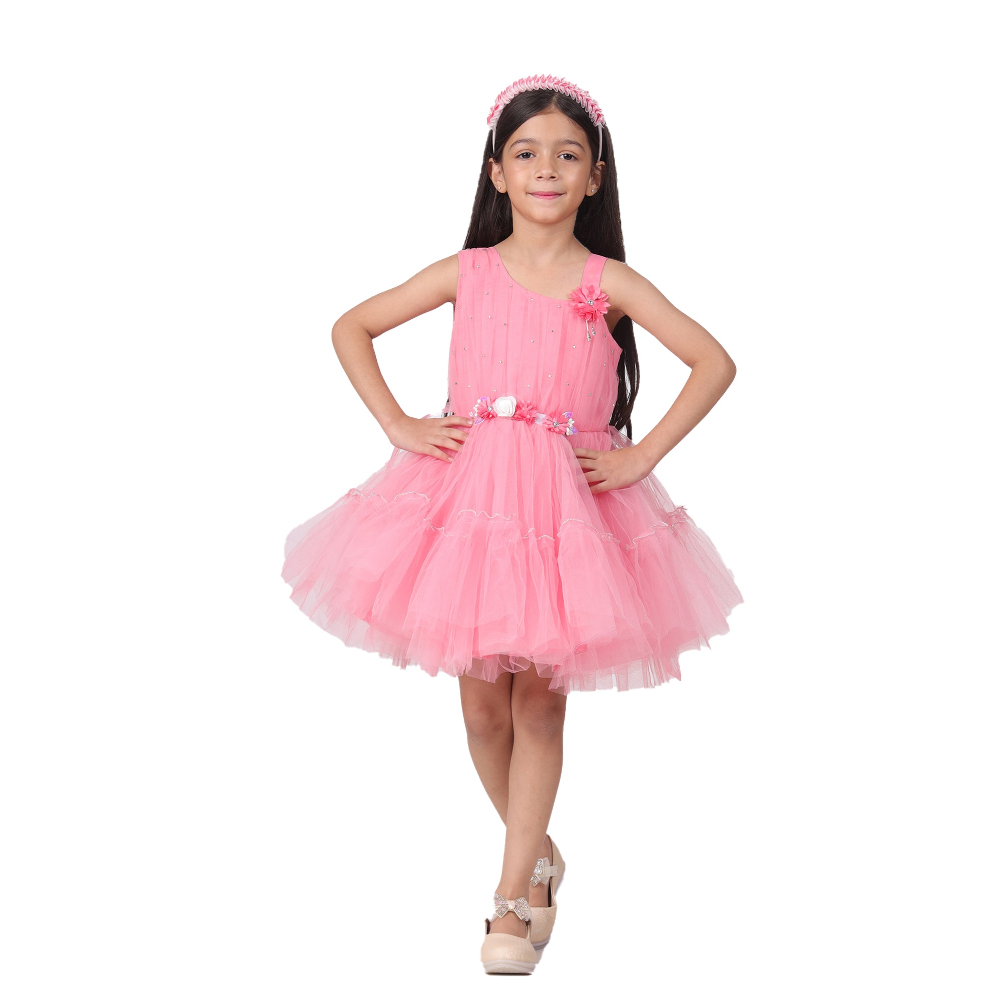 Itsmycostume Net Casual Knee Length Cute Frill Green  Dress for Girls Kids