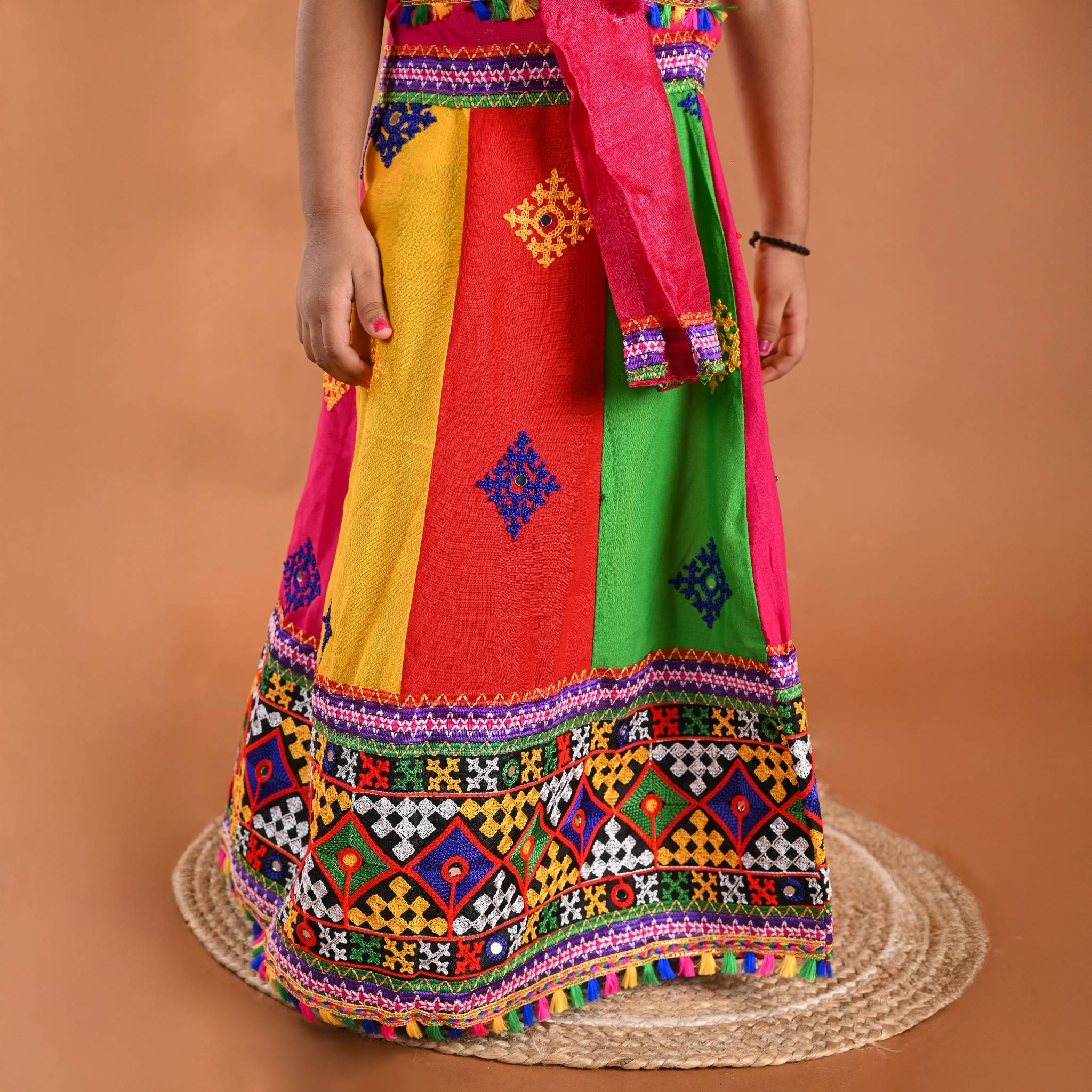 Girl's Gujrati Garba Navratri Cotton Readymade Lehenga Choli With Dupatta