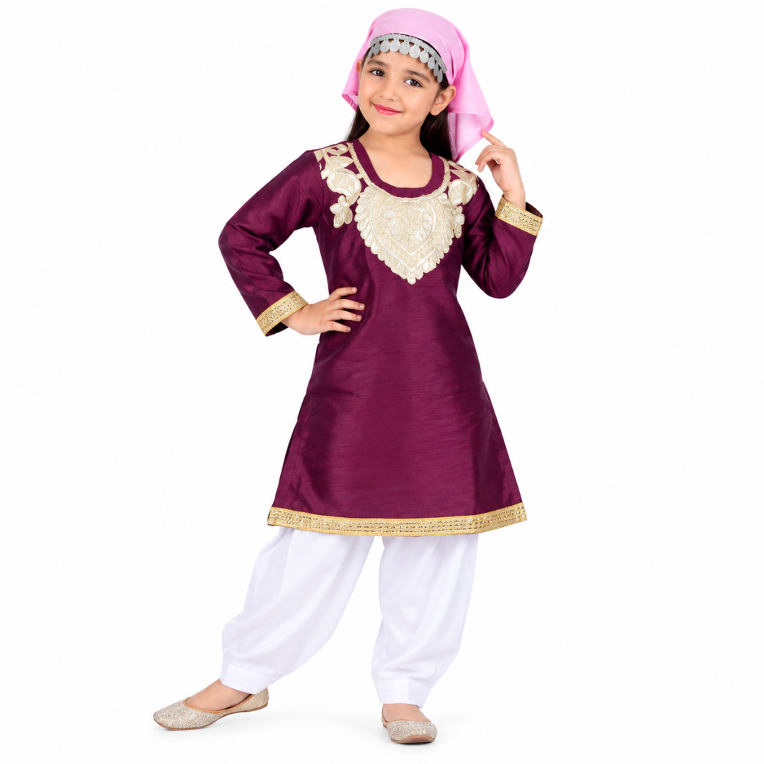 Kashmiri Traditional Costume Dress For Girls Indian States &amp; Folk dance Dresses For Kids - Maroon and White Suit (IMC615-MAROONKASH)