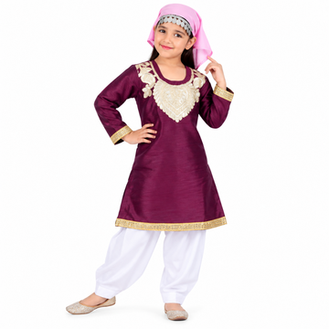 Kashmiri Traditional Costume Dress For Girls Indian States &amp; Folk dance Dresses For Kids - Maroon and White Suit (IMC615-MAROONKASH)