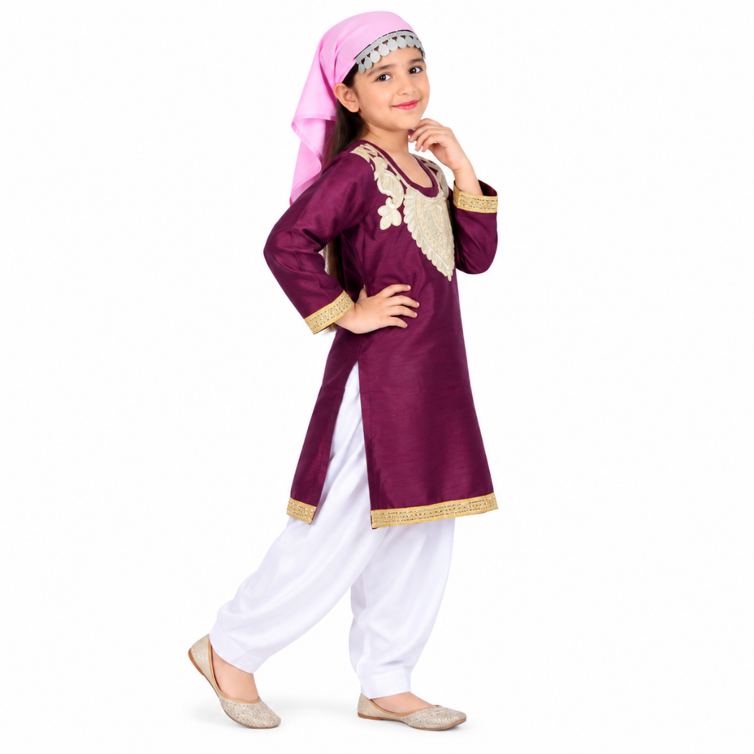 Kashmiri Traditional Costume Dress For Girls Indian States &amp; Folk dance Dresses For Kids - Maroon and White Suit (IMC615-MAROONKASH)