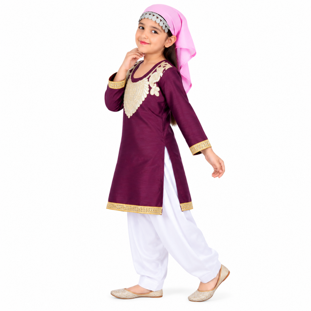Kashmiri Traditional Costume Dress For Girls Indian States &amp; Folk dance Dresses For Kids - Maroon and White Suit (IMC615-MAROONKASH)