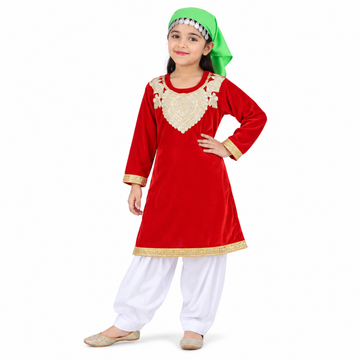Kashmiri Traditional Costume Dress For Girls Indian States &amp; Folk dance Dresses For Kids - Red and White Suit