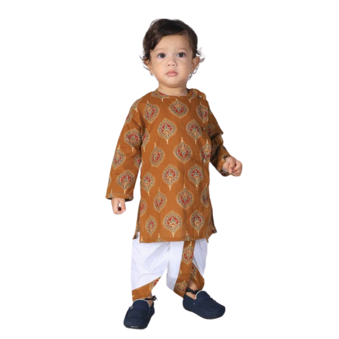 Vaanee Designz Elegant Traditional Dhoti Kurta Set for Baby Boys – Soft Cotton Ethnic Dress for Festivals And Weddings(Rust brown)