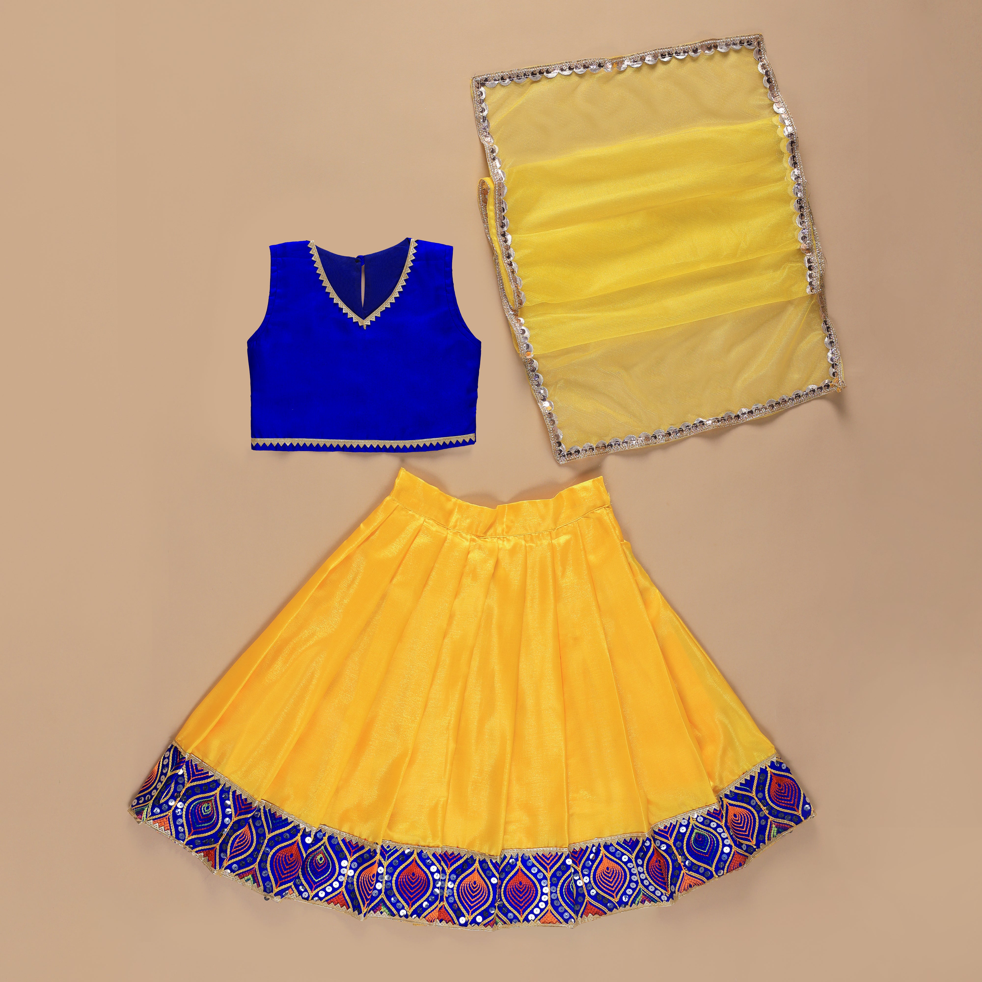 Vaanee Designz Silk Blend Readymade Embroidered 3 Piece Lehenga Choli Set|Lehenga Choli,Ethnic Wear|Lehenga for Kids|Lehenga Set for Wedding and Festival(Blue&Yellow)