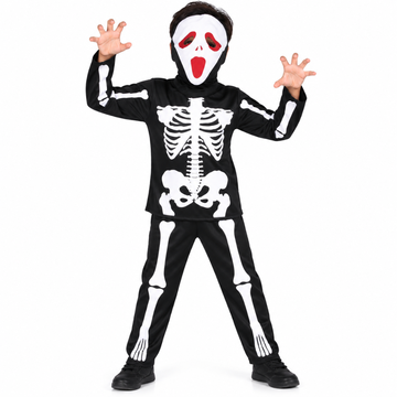 Kids Skeleton Costume for Boys | Black & White Skeleton Bones with Scary Scream Mask | Halloween Cosplay Wear