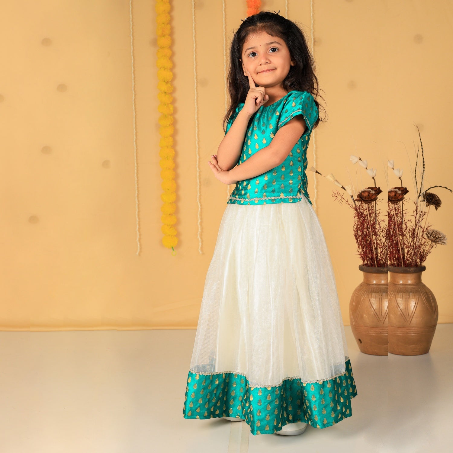 Vaanee Designz Silk Blend Readymade Embroidered 3 Piece Lehenga Choli Set|Lehenga Choli,Ethnic Wear|Lehenga for Kids|Lehenga Set for Wedding and Festival(Rama green)