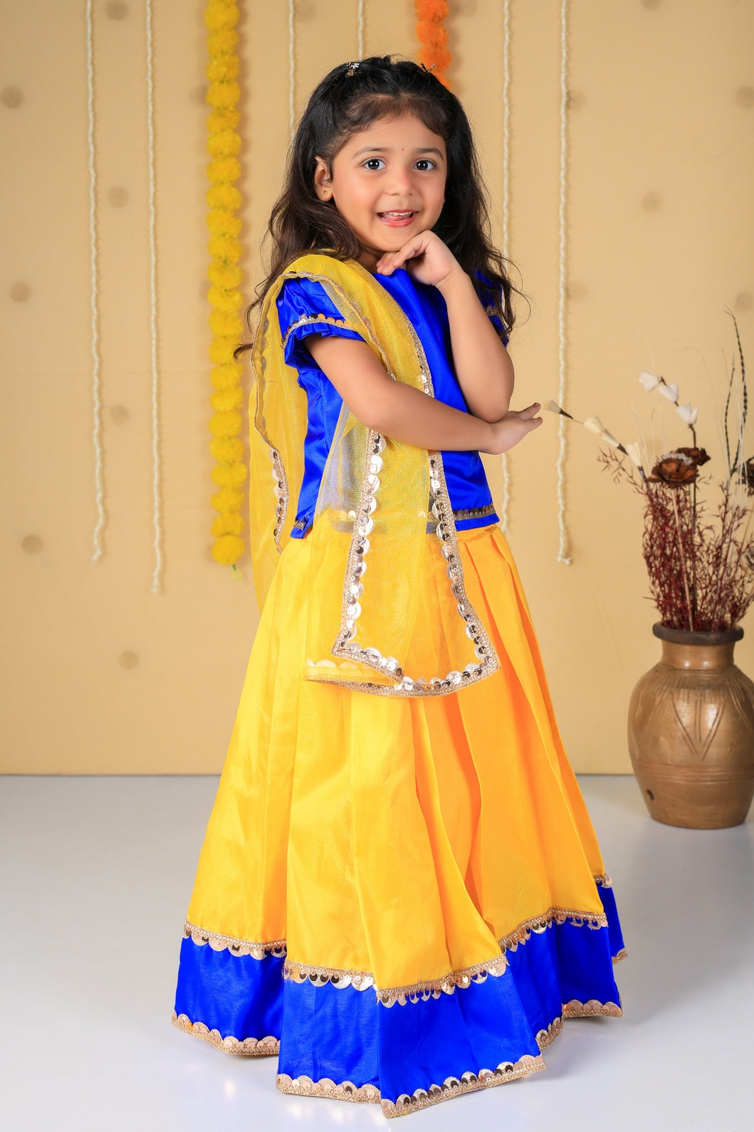 Vaanee Designz Silk Blend Readymade Embroidered 3 Piece Lehenga Choli Set|Lehenga Choli,Ethnic Wear|Lehenga for Kids|Lehenga Set for Wedding and Festival( Yellow & Blue)