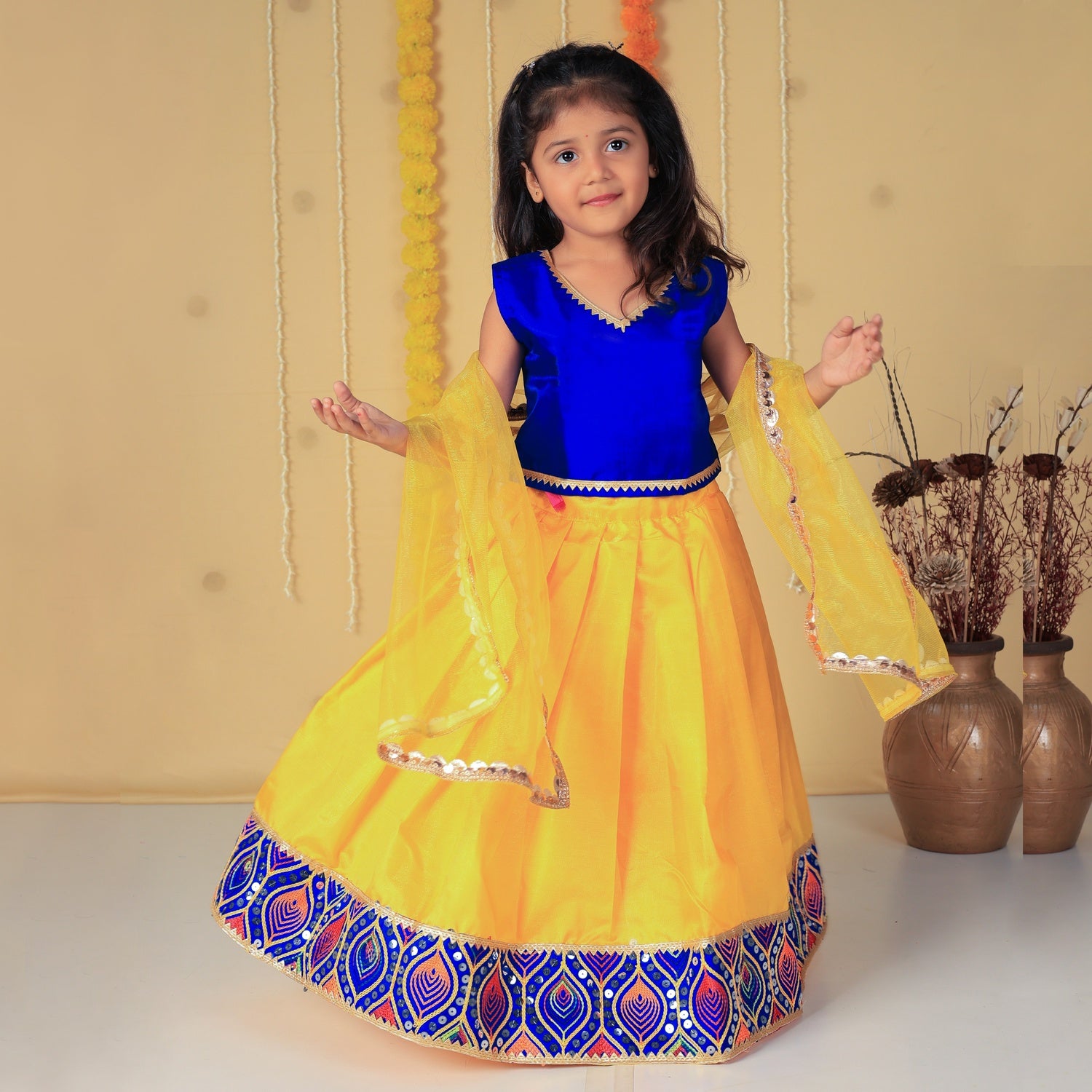 Vaanee Designz Silk Blend Readymade Embroidered 3 Piece Lehenga Choli Set|Lehenga Choli,Ethnic Wear|Lehenga for Kids|Lehenga Set for Wedding and Festival(Blue&Yellow)