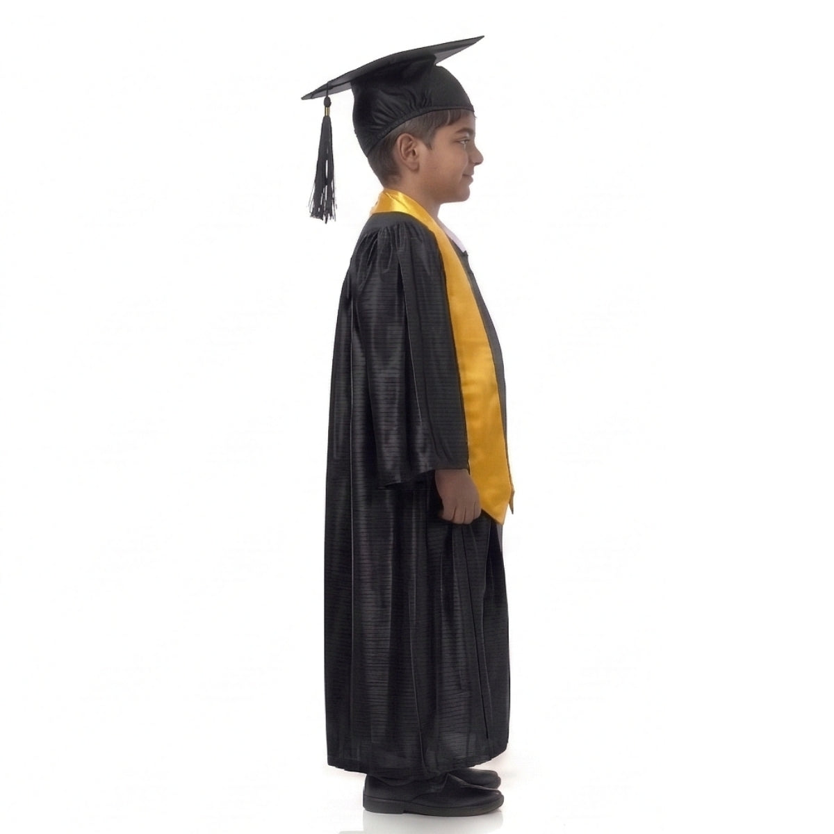 Kids Black Graduation Gown with Cap and Yellow Sash | Convocation Costume for Boys & Girls