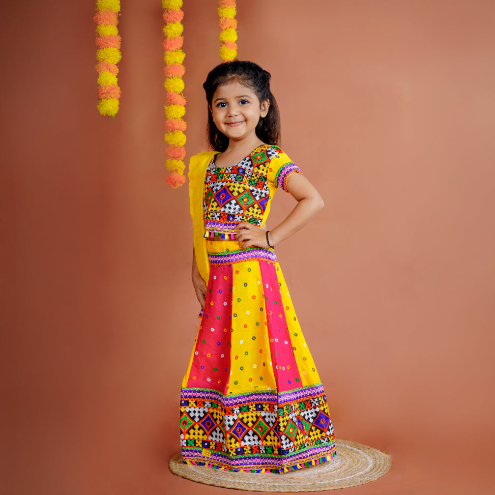 Girl's Gujrati Garba Navratri Cotton Readymade Lehenga Choli With Dupatta
