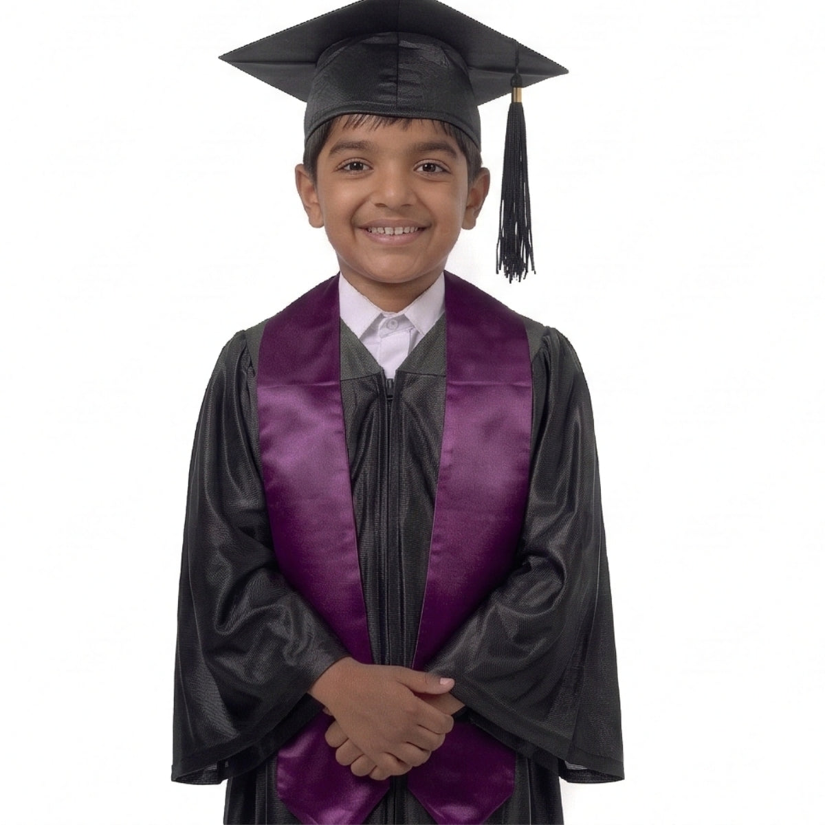 Kids Black Graduation Gown with Cap and Purple Sash | Convocation Costume for Boys & Girls