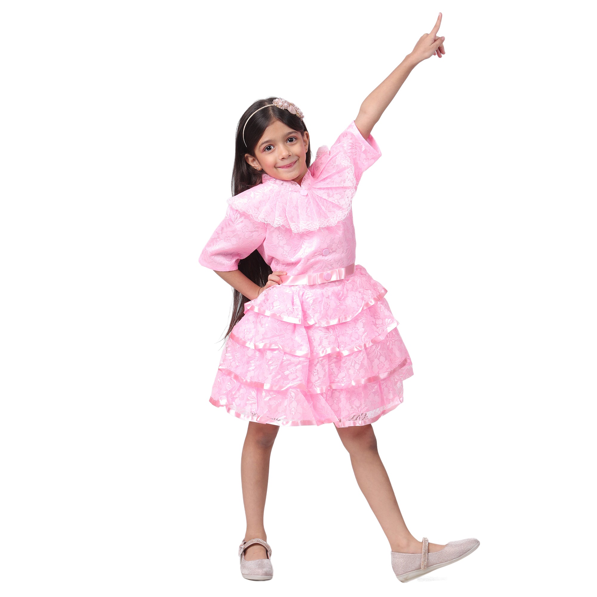 Itsmycostume Net Casual Knee Length Cute Frill Fairy Pink Frock Dress for Girls Kids