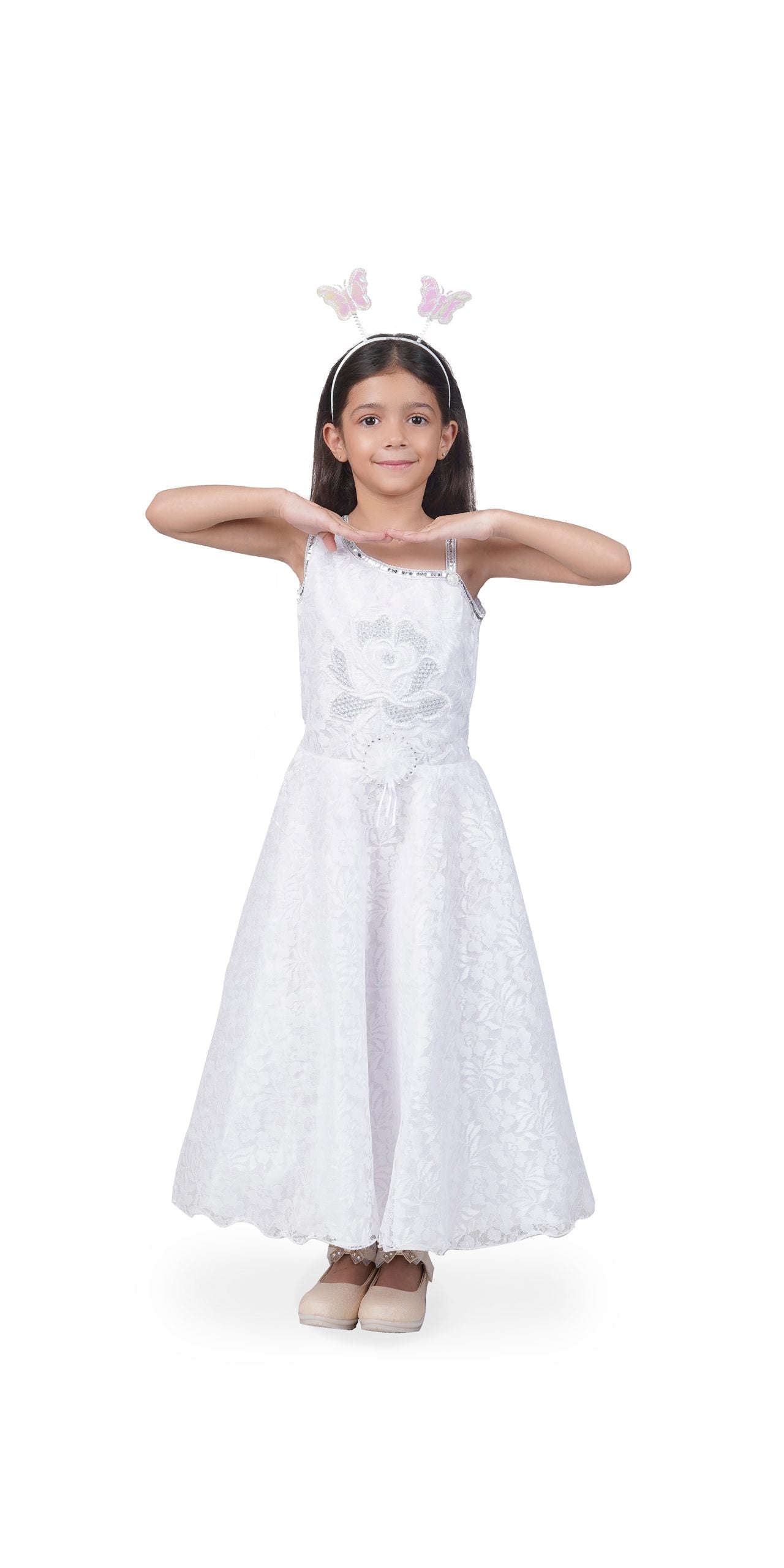 Itsmycostume Net Casual Full Length Cute Frill Fairy Frock Dress with Wings, Fairy Stick and Head Band for Girls Kids