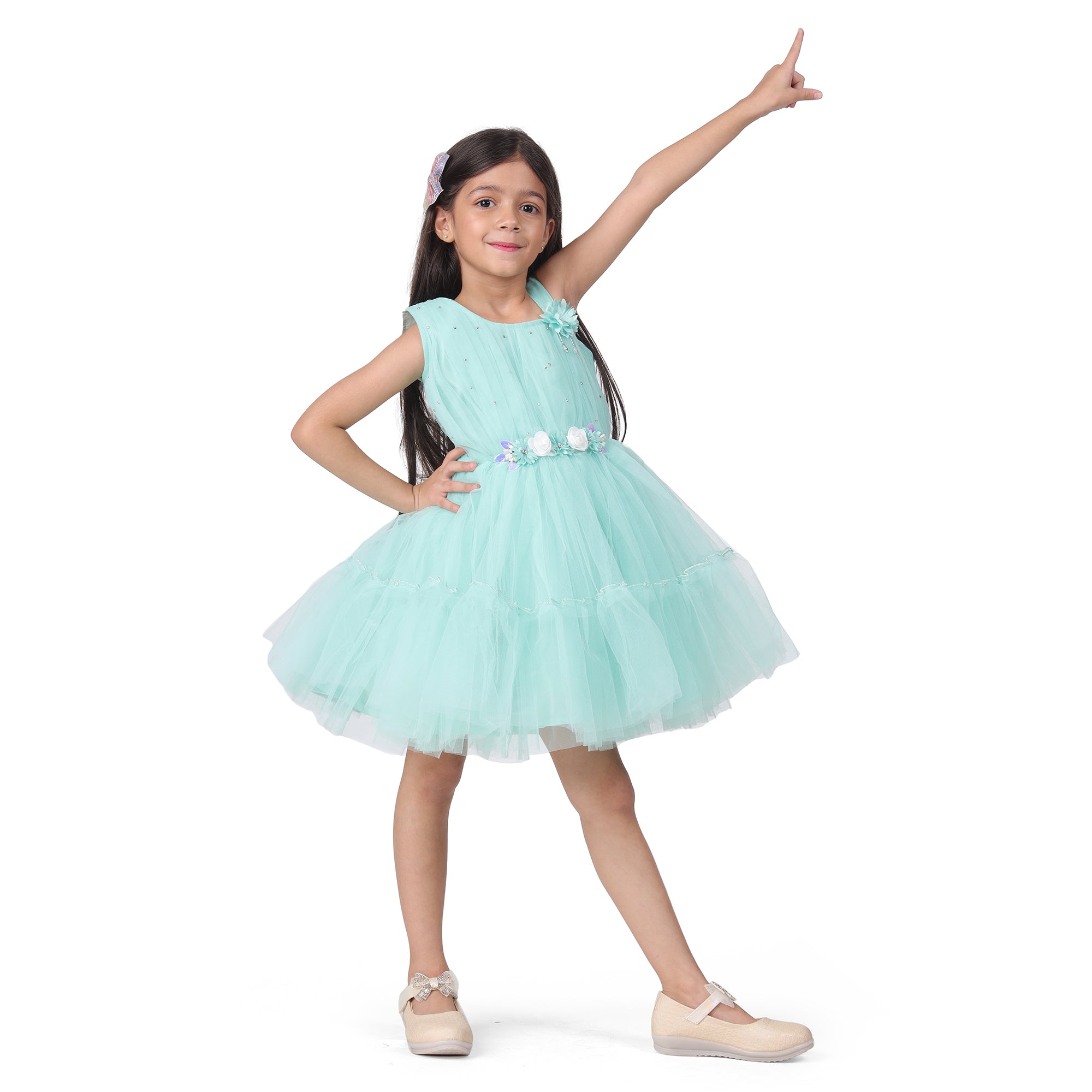 Itsmycostume Net Casual Knee Length Cute Frill Green Frock Dress for Girls Kids