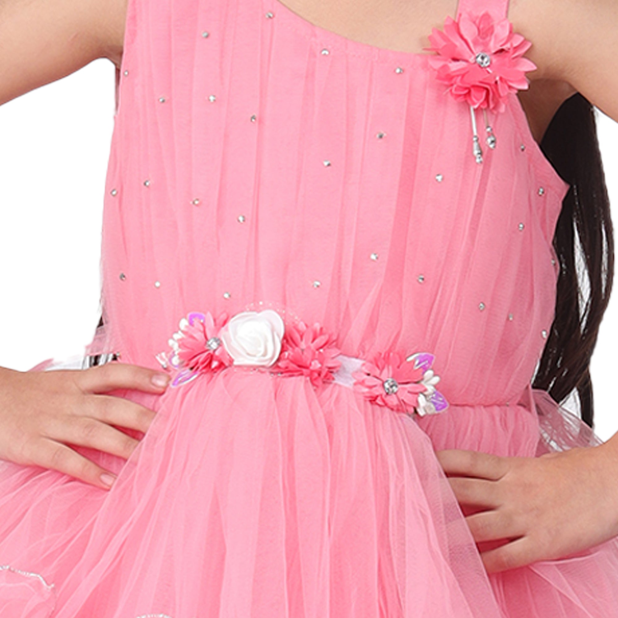 Itsmycostume Net Casual Knee Length Cute Frill Green  Dress for Girls Kids