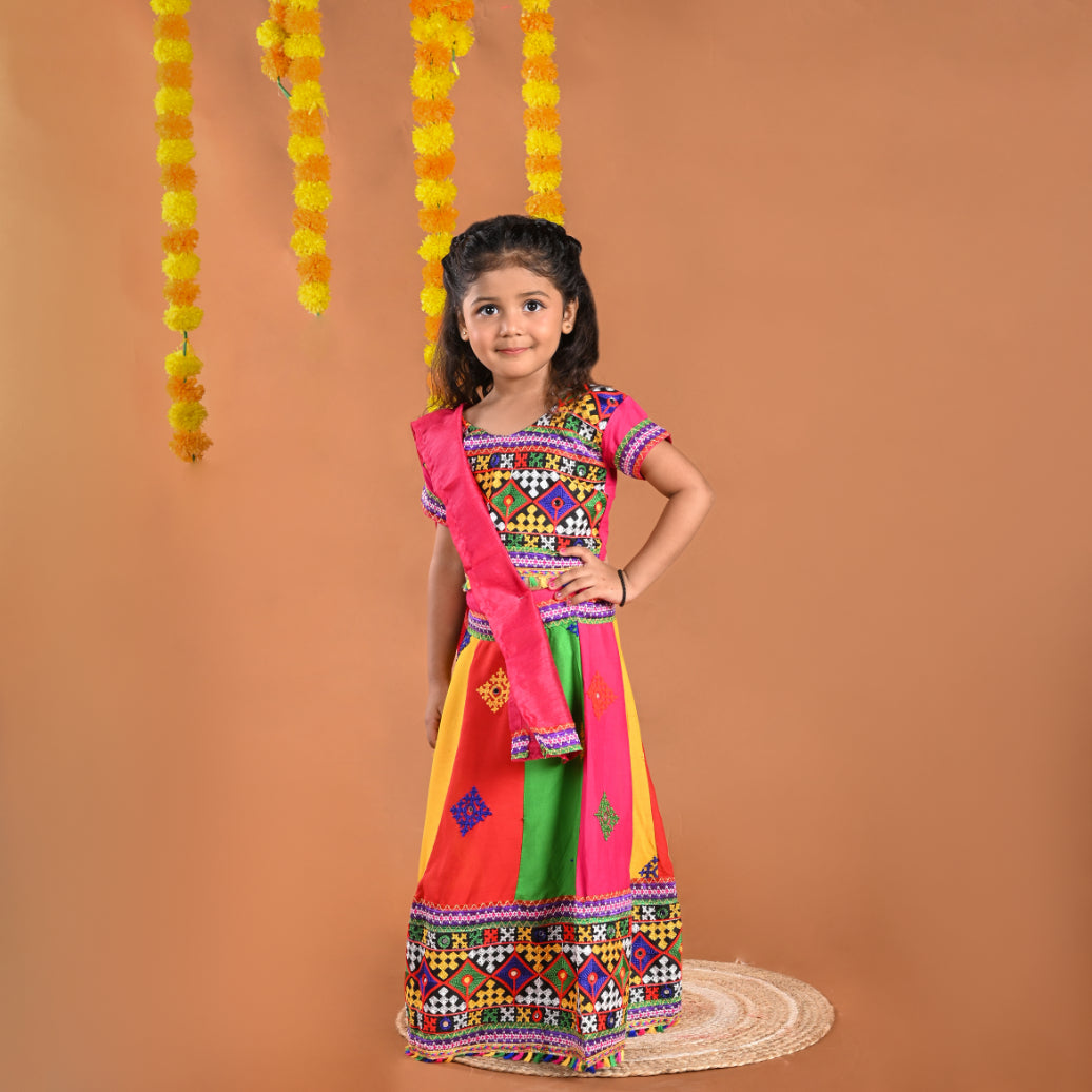Girl's Gujrati Garba Navratri Cotton Readymade Lehenga Choli With Dupatta