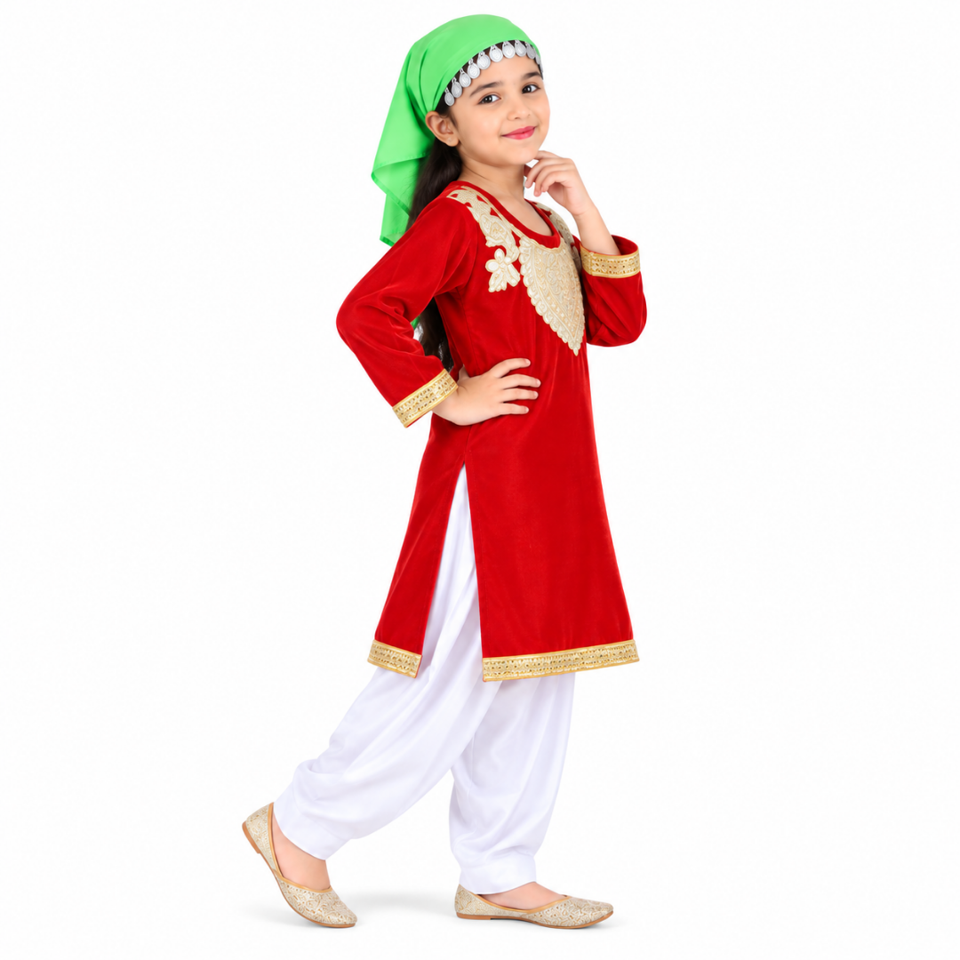 Kashmiri Traditional Costume Dress For Girls Indian States &amp; Folk dance Dresses For Kids - Red and White Suit
