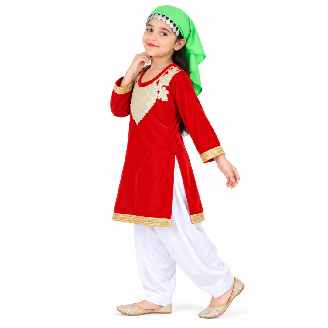 Kashmiri Traditional Costume Dress For Girls Indian States &amp; Folk dance Dresses For Kids - Red and White Suit