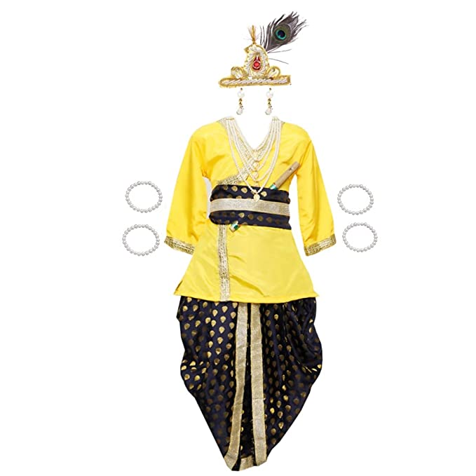 Krishna Dress for Baby Boy Kids Set of 10 Little Krishna Ji Kanha Janmasthmi Costume for Boys Kids (IMC20000-Drkgreenn)