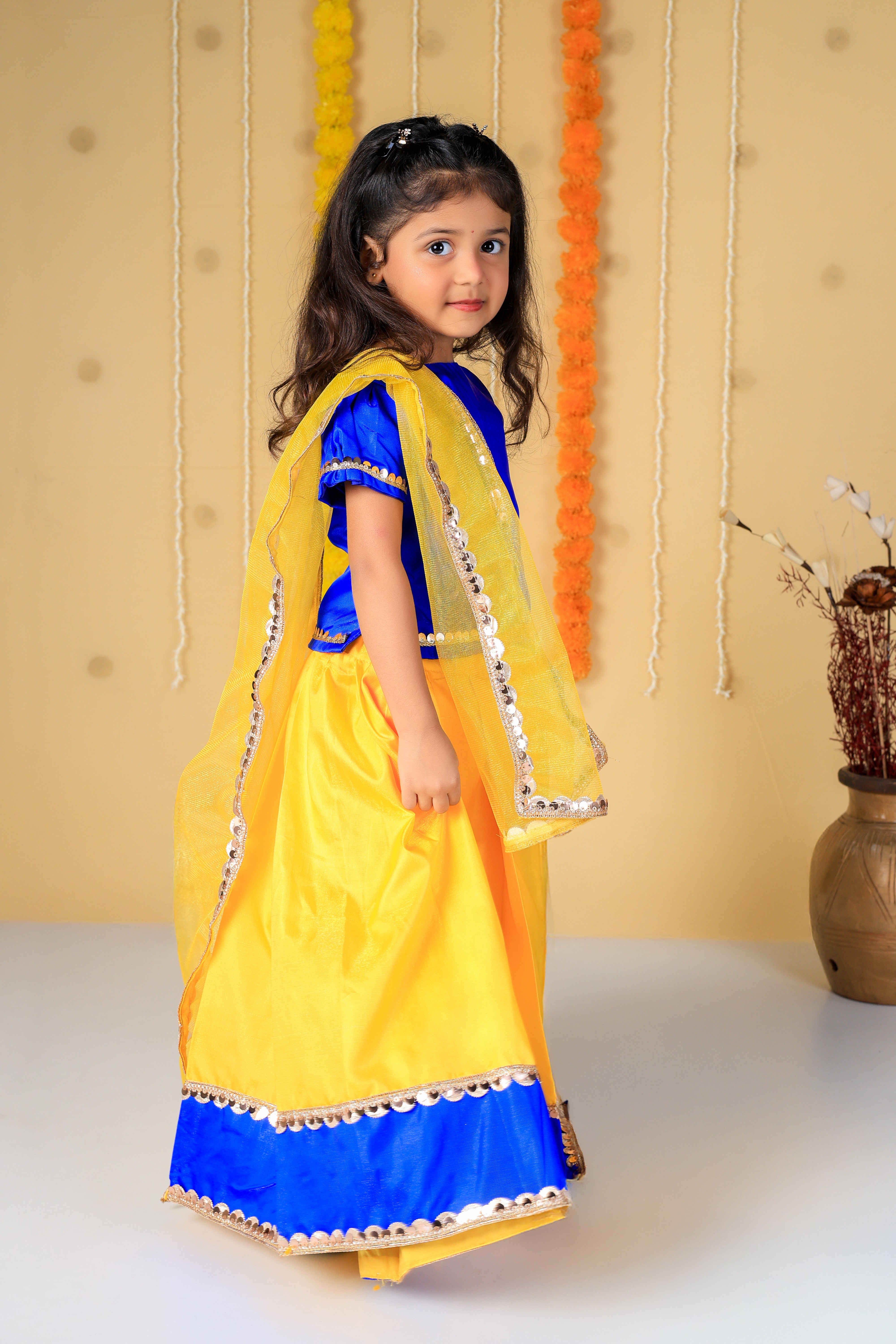 Vaanee Designz Silk Blend Readymade Embroidered 3 Piece Lehenga Choli Set|Lehenga Choli,Ethnic Wear|Lehenga for Kids|Lehenga Set for Wedding and Festival( Yellow & Blue)