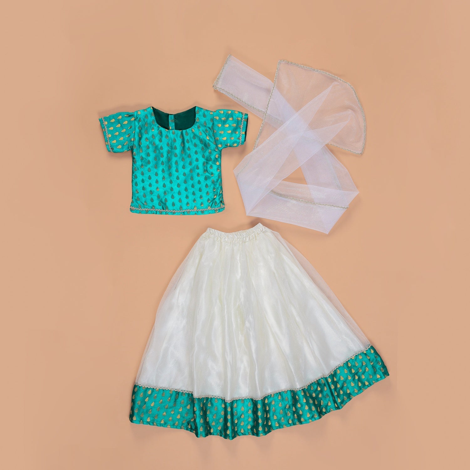 Vaanee Designz Silk Blend Readymade Embroidered 3 Piece Lehenga Choli Set|Lehenga Choli,Ethnic Wear|Lehenga for Kids|Lehenga Set for Wedding and Festival(Rama green)