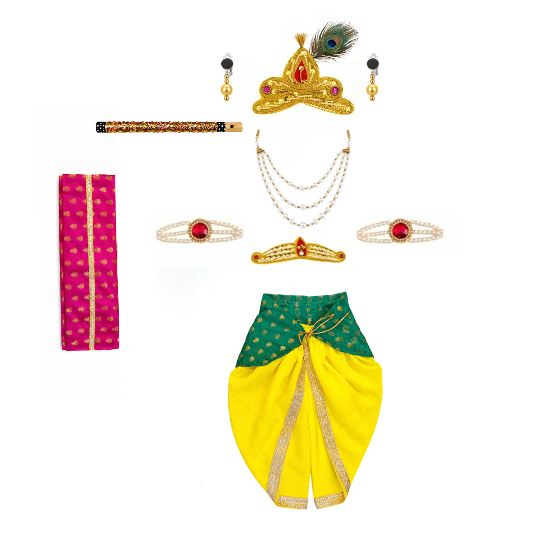 ITSMYCOSTUME Baby Krishna Costume for Boys | Kanha Fancy Dress Set with Dhoti, Patka, Mukut, Morpankh, Mala, Bajuband, Kamarband, Kundal & Bansuri | Janmashtami Dress for Kids