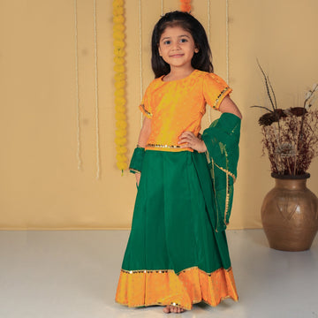 Vaanee Designz Silk Blend Readymade Embroidered 3 Piece Lehenga Choli Set|Lehenga Choli,Ethnic Wear|Lehenga for Kids|Lehenga Set for Wedding and Festival(Yellow & Green)
