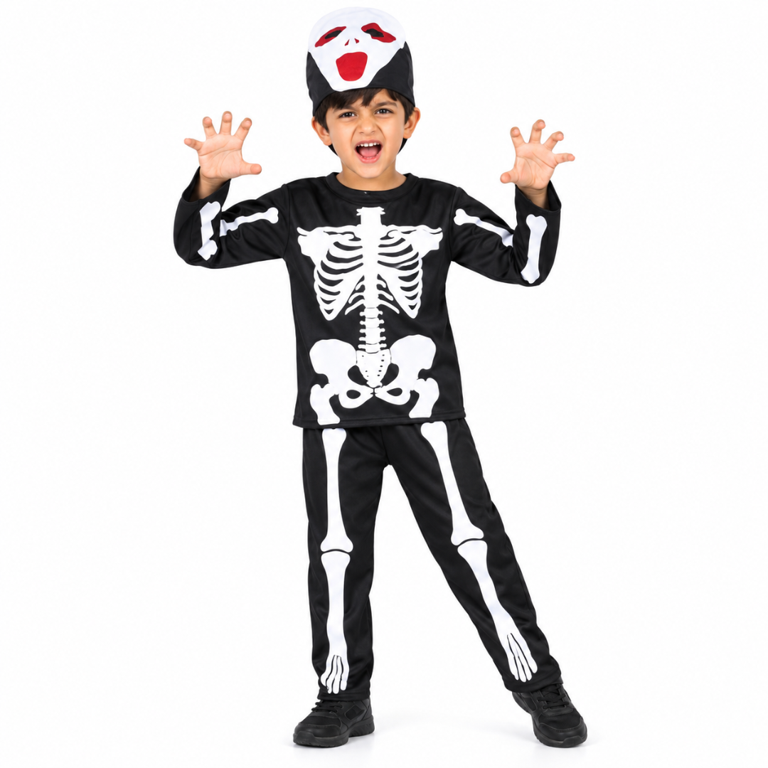 Kids Skeleton Costume for Boys | Black & White Skeleton Bones with Scary Scream Mask | Halloween Cosplay Wear