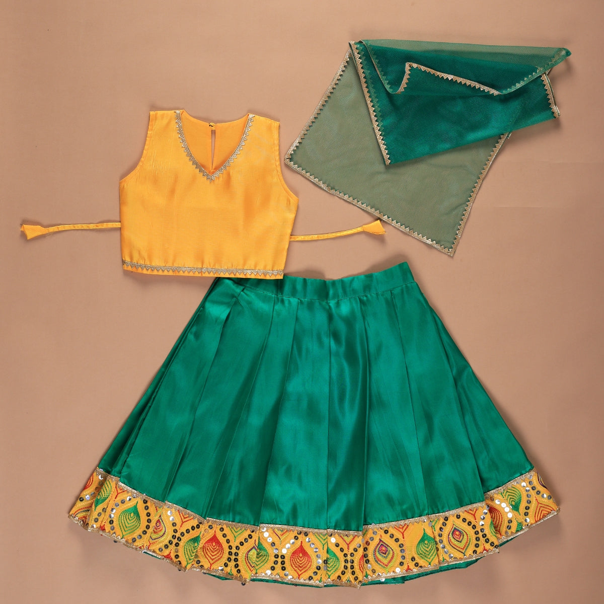 Vaanee Designz Silk Blend Readymade Embroidered 3 Piece Lehenga Choli Set|Lehenga Choli,Ethnic Wear|Lehenga for Kids|Lehenga Set for Wedding and Festival(Green & Yellow)