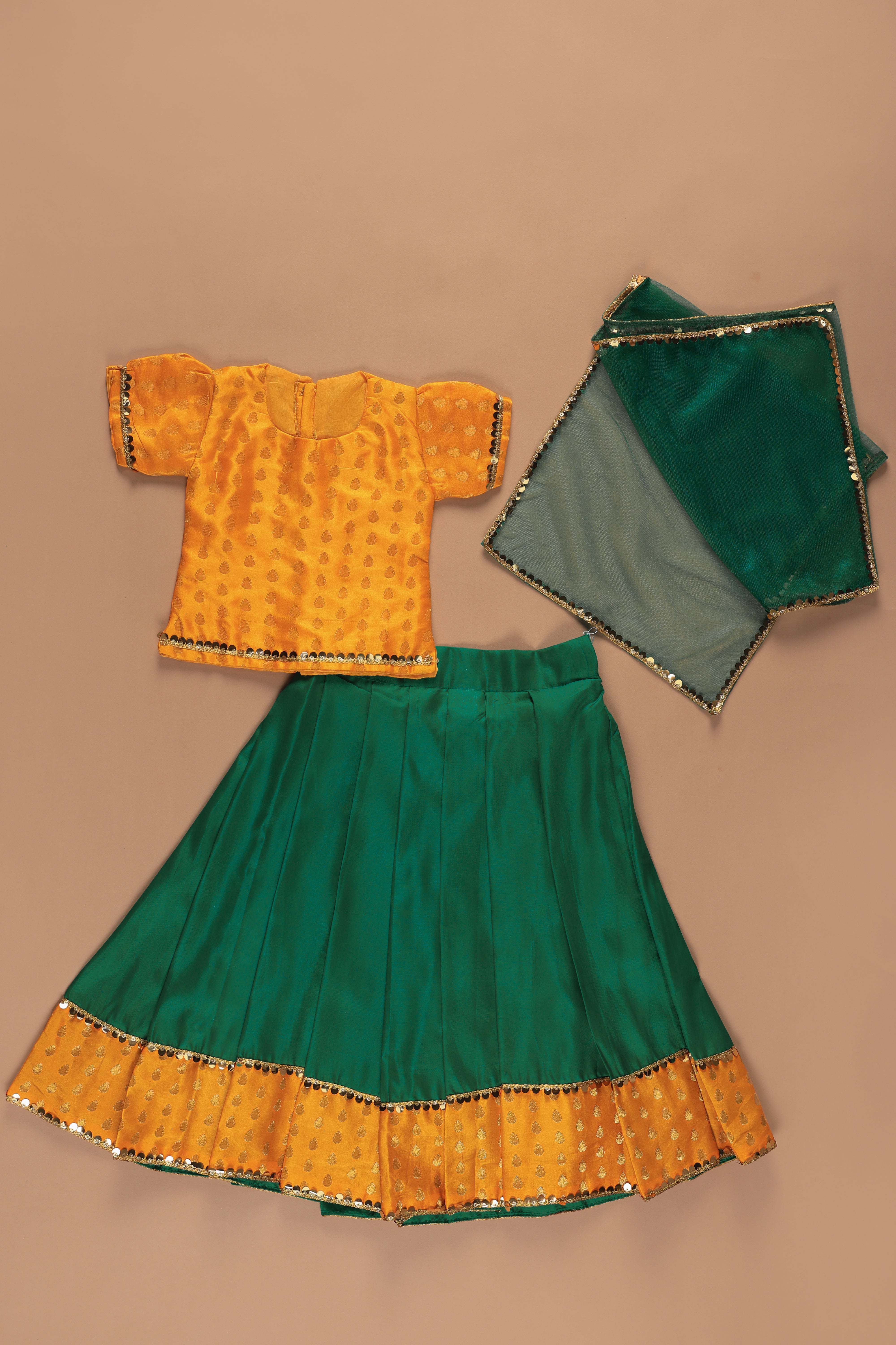Vaanee Designz Silk Blend Readymade Embroidered 3 Piece Lehenga Choli Set|Lehenga Choli,Ethnic Wear|Lehenga for Kids|Lehenga Set for Wedding and Festival(Yellow & Green)