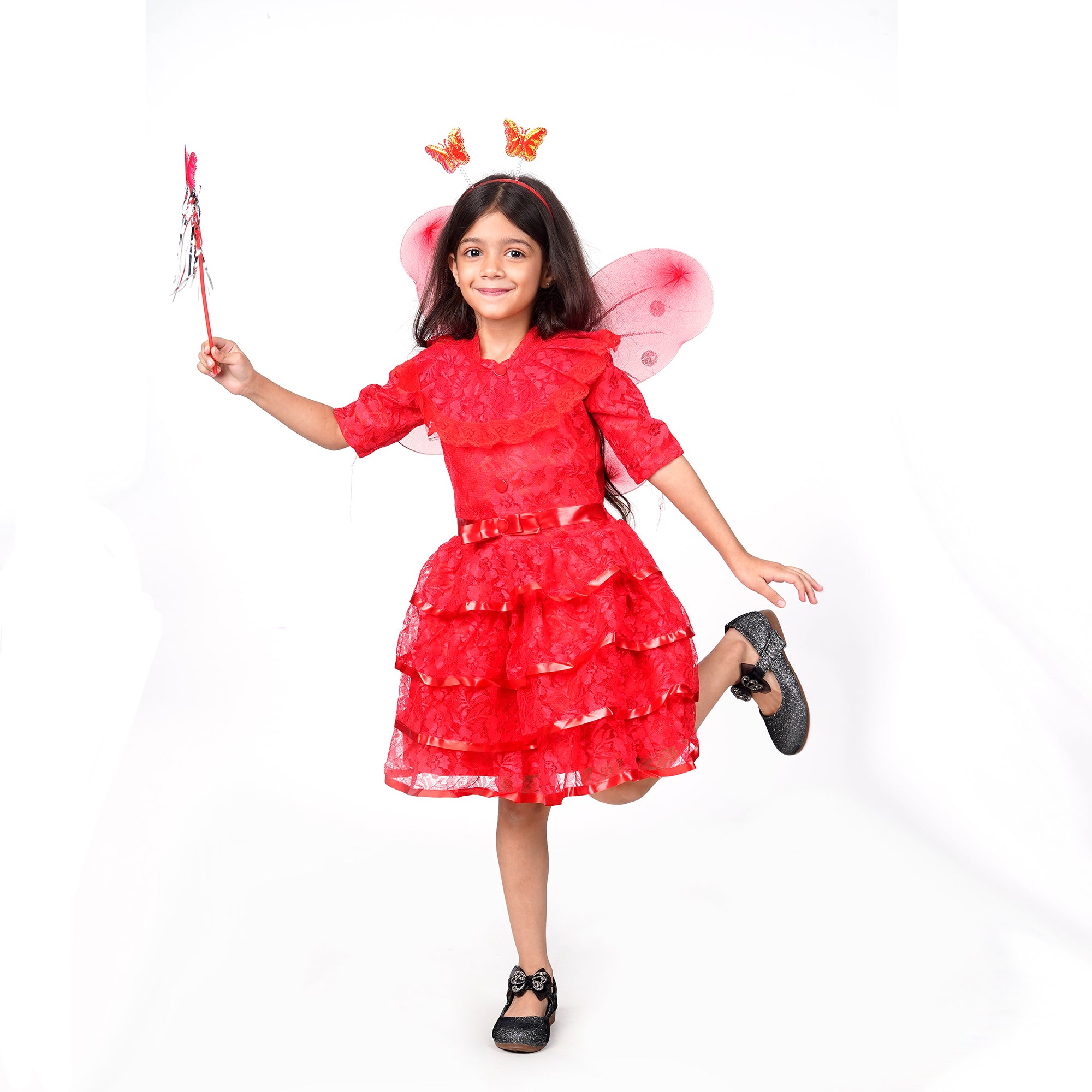 Itsmycostume Net Casual Knee Length Cute Frill Fairy Red Frock Dress with Wings, Fairy Stick and Head Band for Girls Kids