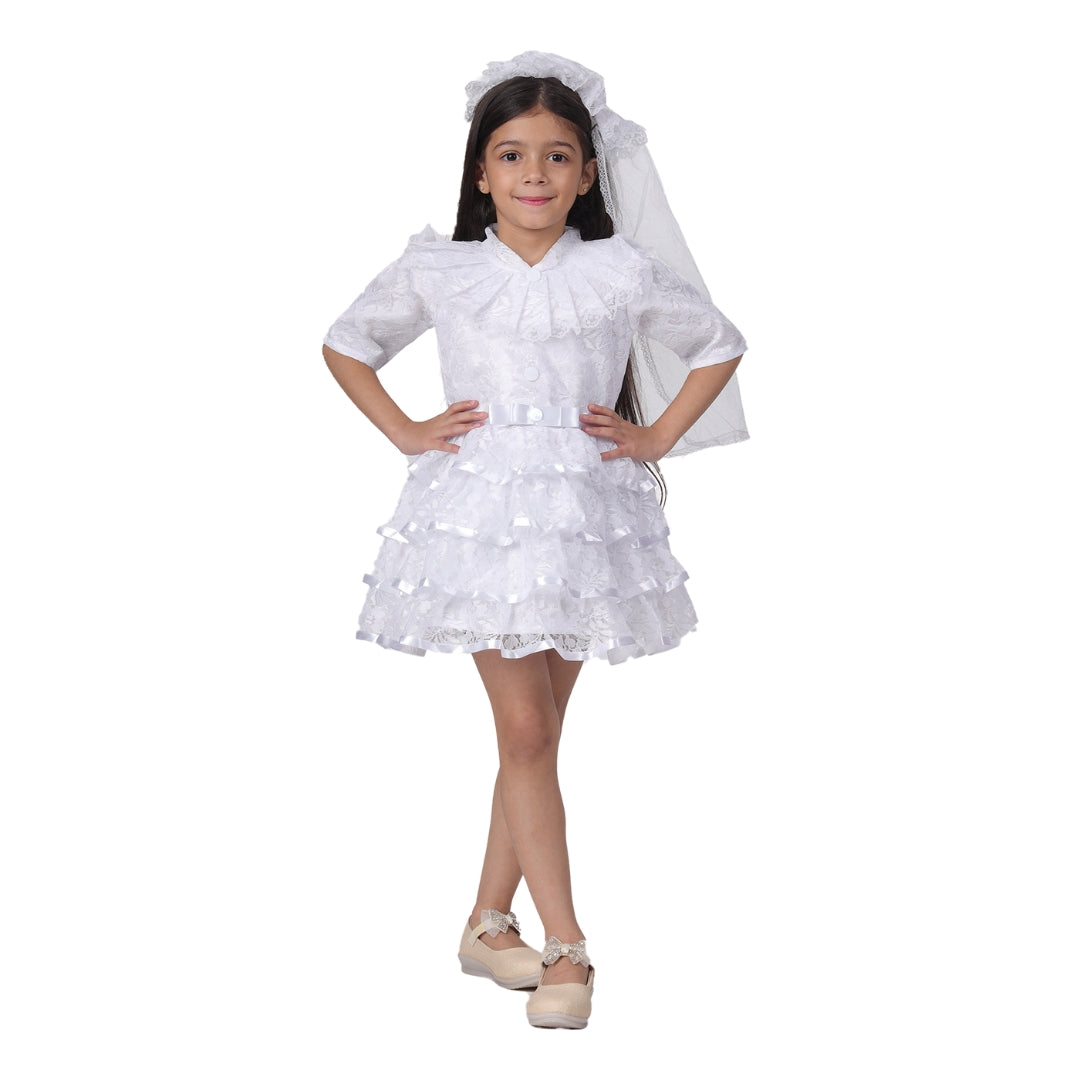 Itsmycostume Net Casual Knee Length Cute Frill Fairy White Frock Dress for Girls Kids
