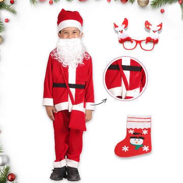 Itsmycostume Santa Costume Outfit for Kids With Jacket Pant Santa Cap Gift Pouch Belt,Beard &amp;Hanging Stocking ,Red