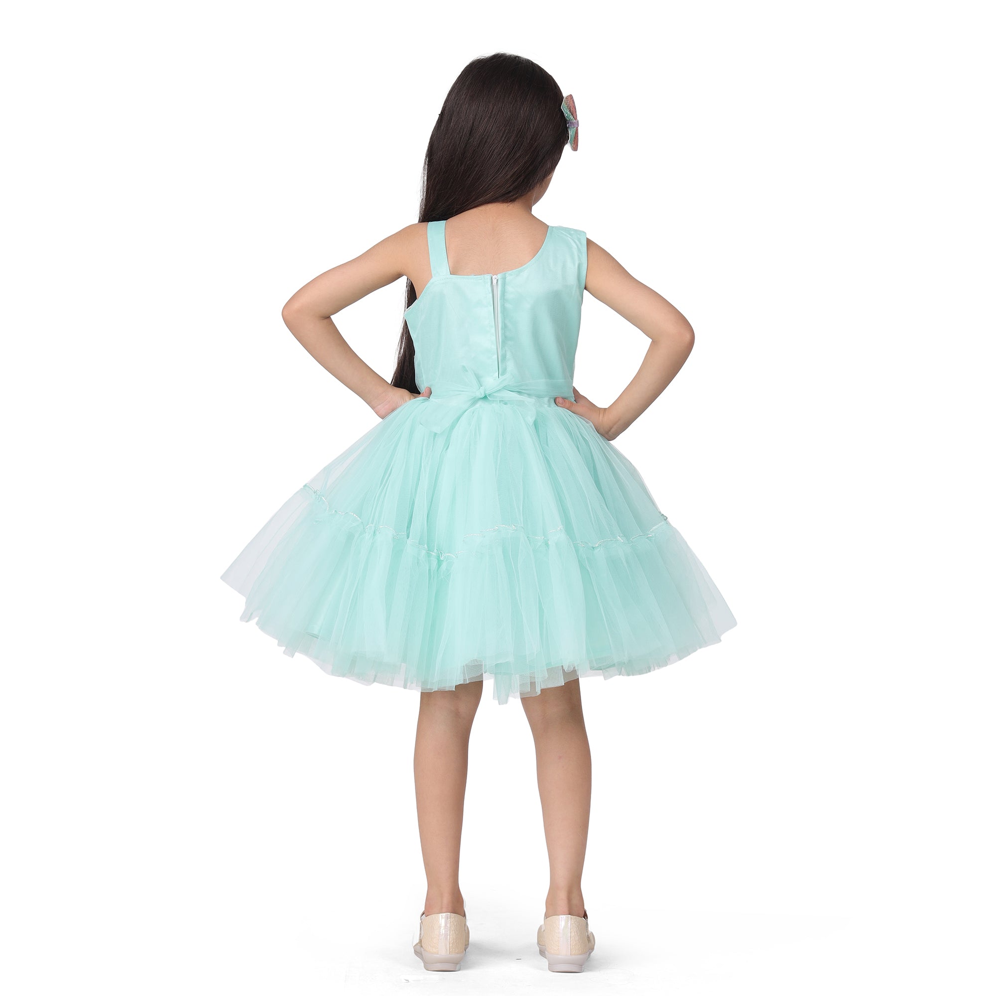 Itsmycostume Net Casual Knee Length Cute Frill Green Frock Dress for Girls Kids