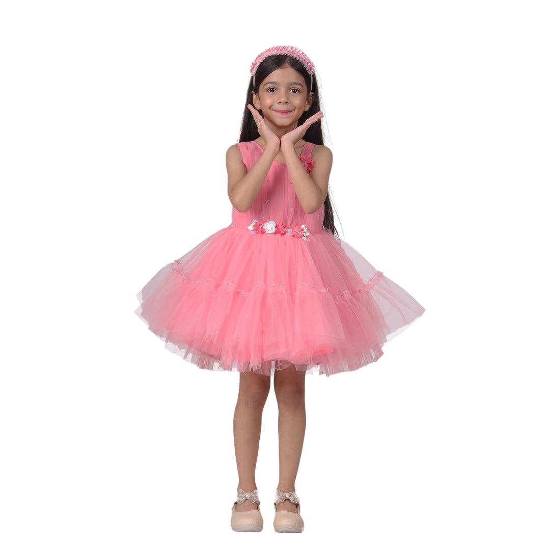 Itsmycostume Net Casual Knee Length Cute Frill Green  Dress for Girls Kids