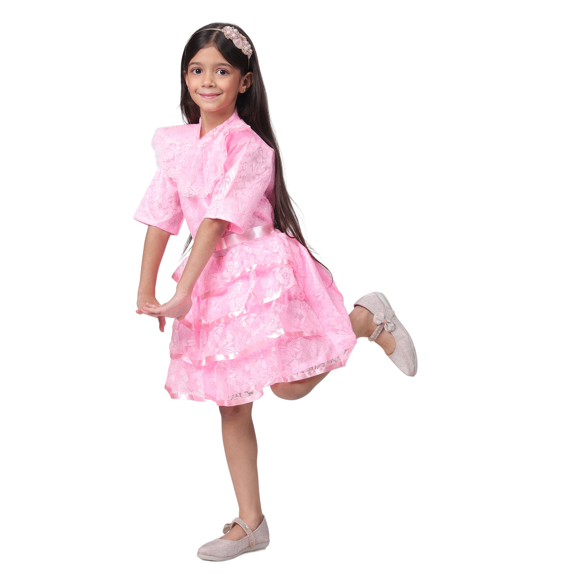 Itsmycostume Net Casual Knee Length Cute Frill Fairy Pink Frock Dress for Girls Kids