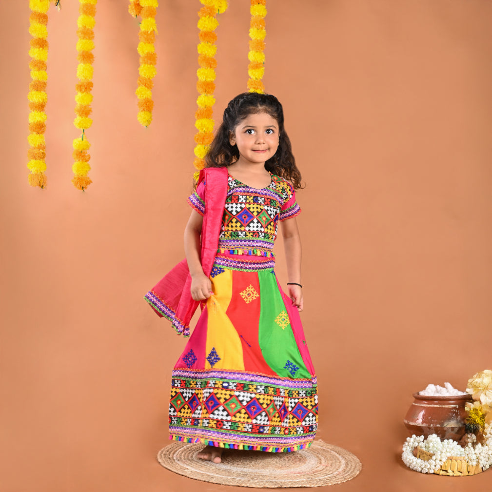 Girl's Gujrati Garba Navratri Cotton Readymade Lehenga Choli With Dupatta
