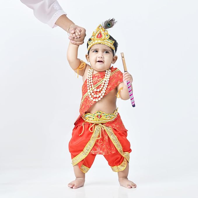 Krishna Dress for Baby Boy Kids Set of 10 Little Krishna Ji Kanha Janmasthmi Costume for Kids (IMC45001-RRed)