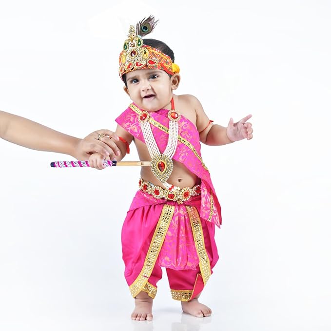 Krishna Dress for Baby Boy Kids Set of 10 Little Krishna Ji Kanha Janmasthmi Costume for Kids (IMC45001-Magenta)
