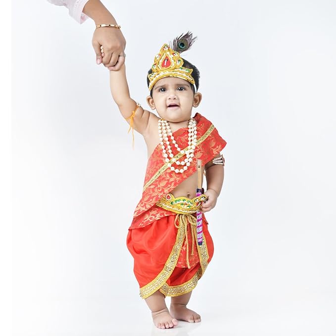 Krishna Dress for Baby Boy Kids Set of 10 Little Krishna Ji Kanha Janmasthmi Costume for Kids (IMC45001-RRed)