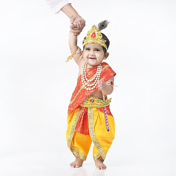 Krishna Dress for Baby Boy Kids Set of 10 Little Krishna Ji Kanha Janmasthmi Costume for Kids (IMC45001-Redyel)