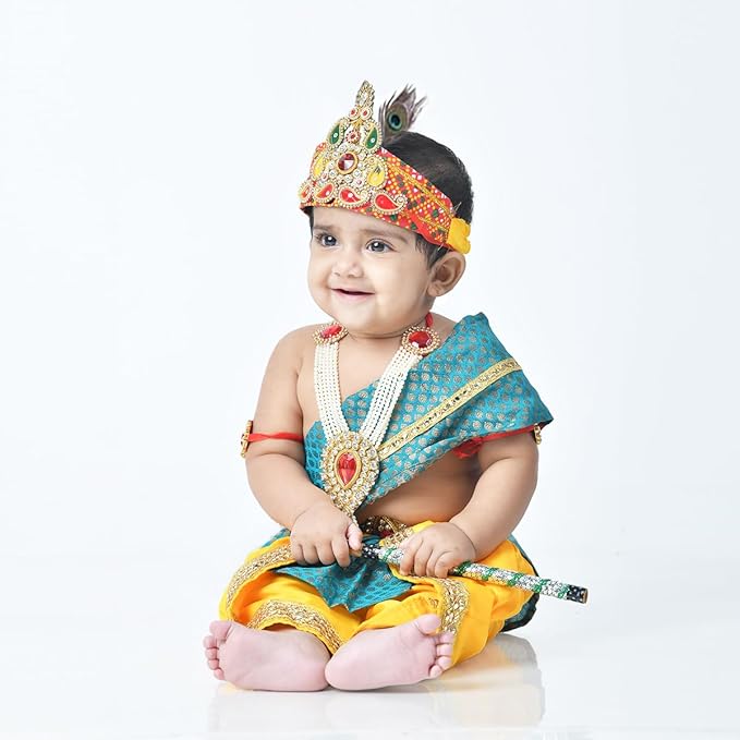 Krishna Dress for Baby Boy Kids Set of 10 Little Krishna Ji Kanha Janmasthmi Costume for Kids (IMC45001-YelRGreen)