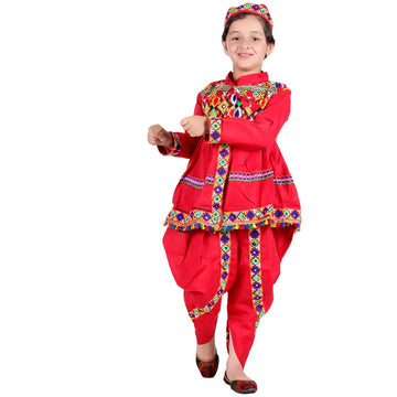 Gujarati Kedia Garba Dress for Boys with Dhoti, Angrakha &amp;Cap-Red (IMC967-Red)