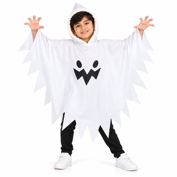 ITSMYCOSTUME Boys Halloween Ghost Costume Cape | White Hooded Poncho with Scary Face | Kids Cosplay Wear