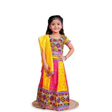 Girl's Gujrati Garba Navratri Cotton Readymade Lehenga Choli With Dupatta