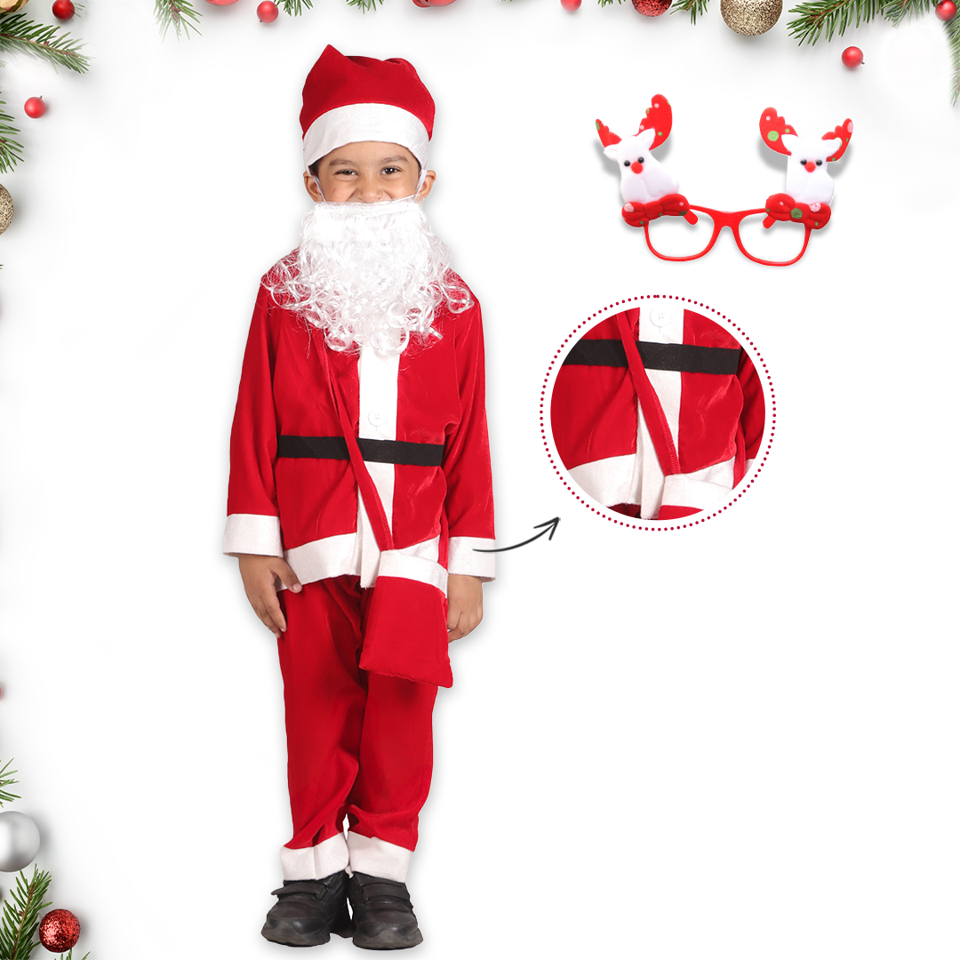Itsmycostume Santa Costume Outfit for Kids With Jacket Pant Santa Cap Gift Pouch Belt,Beard &amp;Specs ,Red
