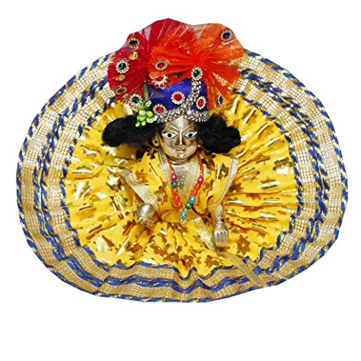 ITSMYCOSTUME Handmade Premium Laddu Gopal Krishna Bal Gopal Poshak Dress Set of 4 (Poshak,Mukut,Wig,Mala)