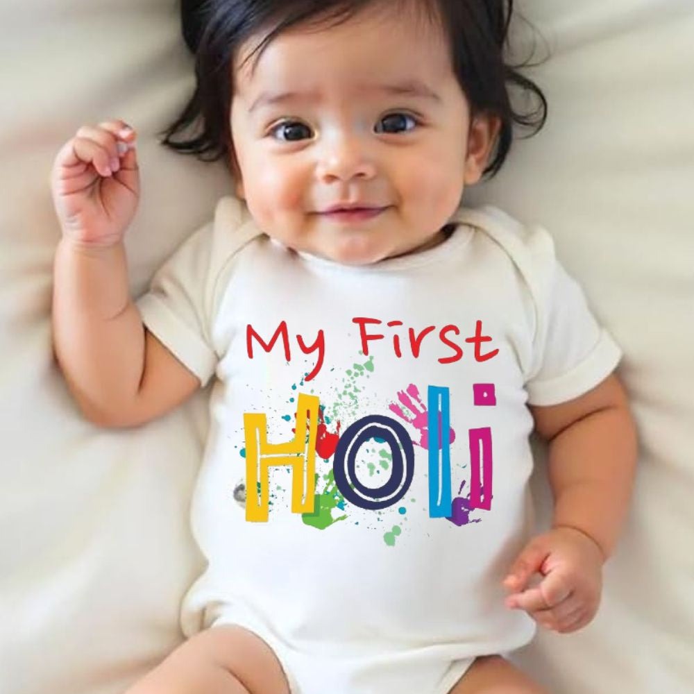 My First Holi Dress For Baby | New Born Boy Girl Romper Bodysuit Cotton White Half Sleeves Clothes | Holi Celebration Photoshoot