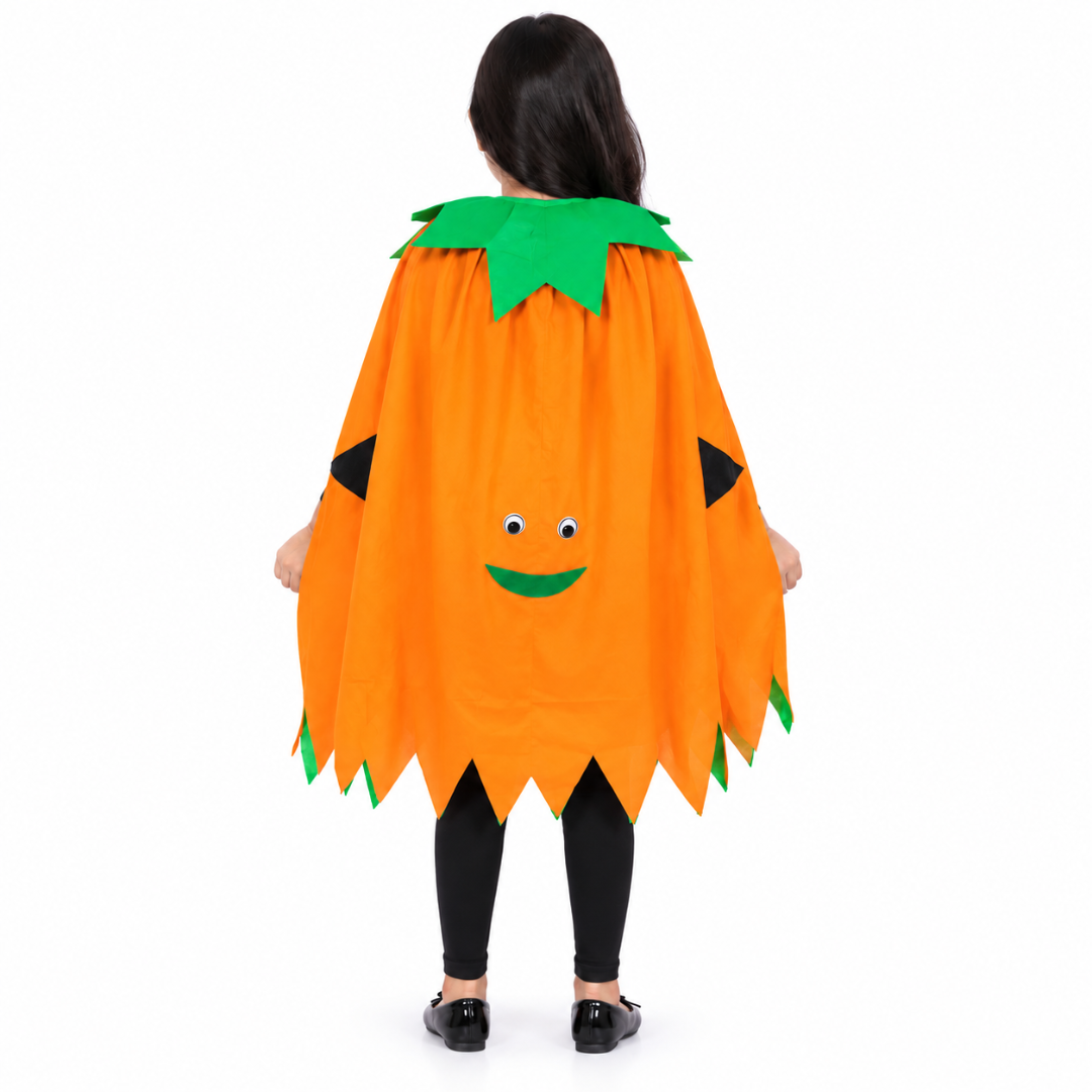 ITSMYCOSTUME Kids Pumpkin Cape Costume for Girls | Cute Jack-O-Lantern Halloween Cape with Smiley Face & Green Collar | Cosplay Wear